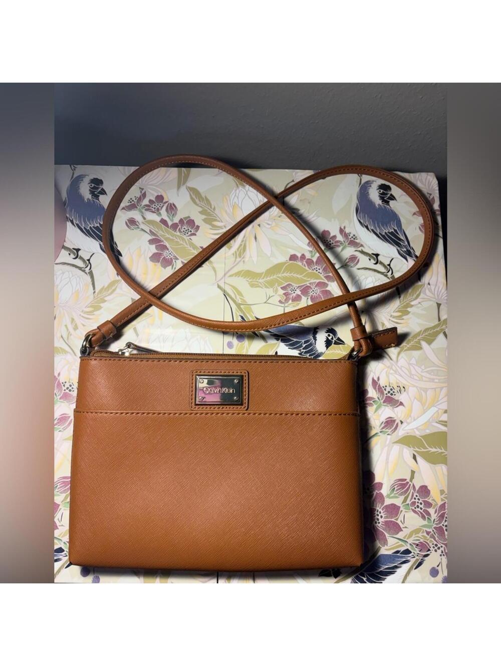 Calvin Klein Brown Crossbody Purse Saffiano Leather Adjustable Strap